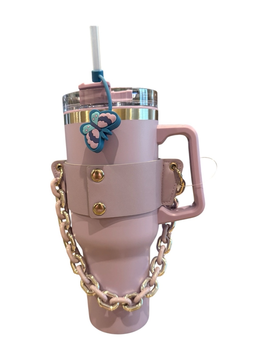 32 oz Purple Tumbler with Chain Accent and Butterfly Straw Topper